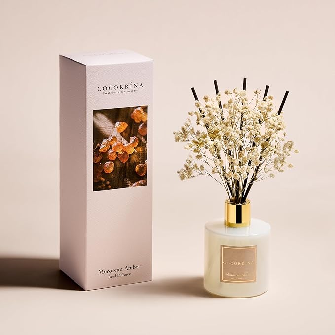 COCORRÍNA Reed Diffuser - Moroccan Amber 6.7 Fl.oz Reed Diffuser Set with Sticks & Preserved Baby's Breath, Reed Diffuser for Home Bathroom Shelf Decor