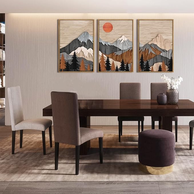 ANHUIB Mountain Wall Art 16x24 Inch Large Forest Wall Decor Woodcut Pine Tree Illustration Nature Wilderness Art Print Abstract Landscape Painting Set of 3 for Living Room Bedroom Office