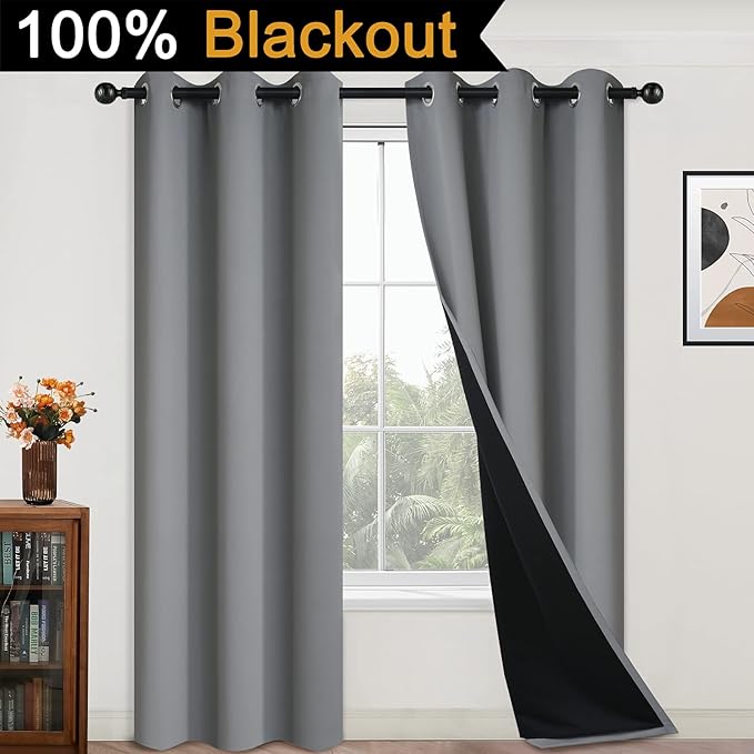 Yakamok 84 Inch Length 100% Blackout Curtains for Bedroom, 2 Thick Layers Thermal Insulated Grommet Total Blackout Drapes with Black Liner for Living Room (42Wx84L,Grey, 2 Panels)