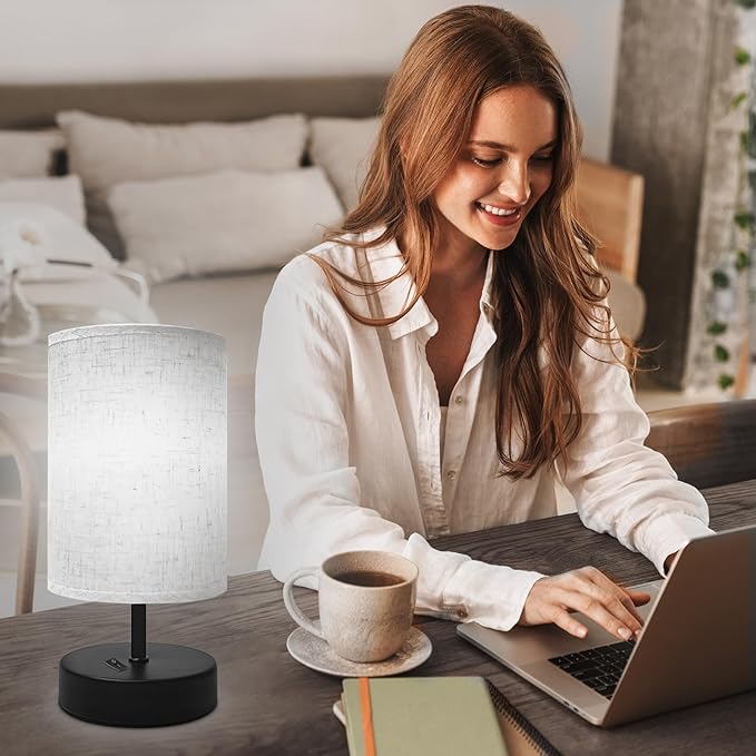 Small Bedside Lamp, Mini Minimalist Table Lamp with Round Flaxen Fabric Shade, 9 Inch Desk Reading Lamp for Bedroom, Living Room, Office, 1 Pack
