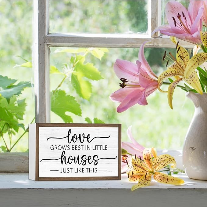 Love Grows Best in Little Houses Just Like This Wooden Box Sign Desk Decor,Rustic Farmhouse Love Sign Wood Block for Home Bedroom Shelf Tabletop Wall Decor