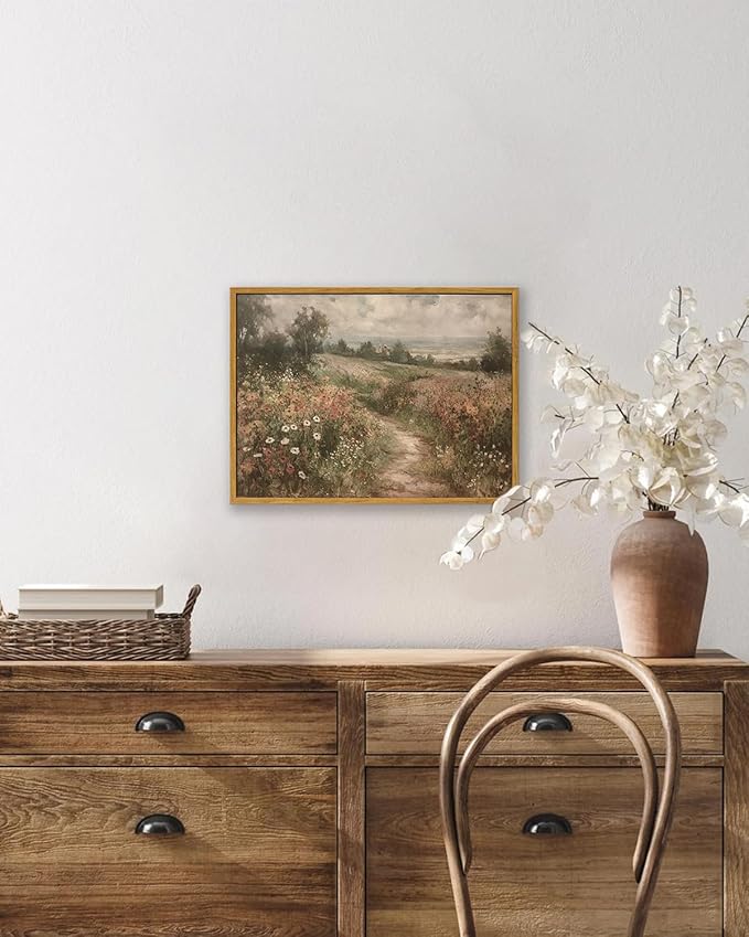 KBKBART Framed Canvas Wall Art - Vintage Countryside Wildflower Field Painting - Retro Nature Wilderness Canvas Art Prints - Rustic Landscape Wall Decor for Living Room, Bedroom & Bathroom (8"x10")
