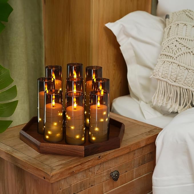 Raycare Flameless LED Candles with Embedded Star String, 9 Pcs Battery Operated Acrylic Pillar Candles with Timer and Remote, Flickering for Romantic Ambiance and Home Decoration (Grey)