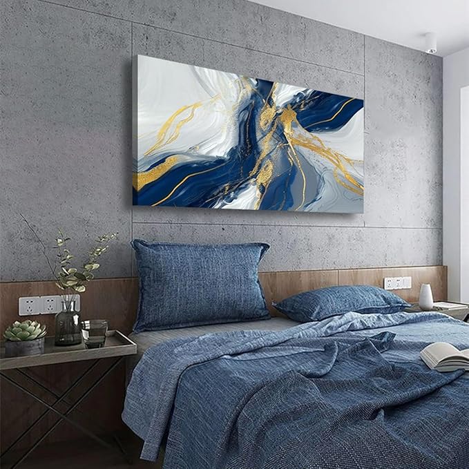 Golden Blue Wall Art Print Oil Paintings Abstract Canvas Wall Art for Living room Office Bedroom Modern Flow of White Golden Blue Pictures Wall Decor Artwork Waterproof Ready to Hang - 20in * 40inch