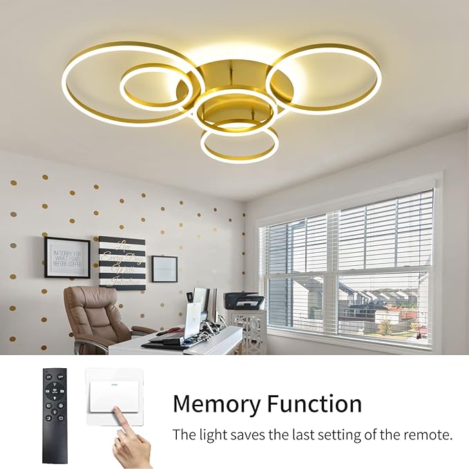 Modern LED Ceiling Light Gold Dimmable 5 Rings Flush Mount Ceiling Light Fixtures with Remote Control 106W 10000LM Ceiling Lighting for Living Room Bedroom Kitchen Dining Room 3000-6000K…