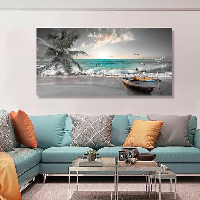 Beach Sea Wave Pictures Canvas Wall Art For Living Room Bedroom Wall Decor,Sea Wave Wall Art Print Paitnings For Home Decor,Morden Artwork Palm Boat Canvas Art Waterproof Ready To Hang-24x48 Inches