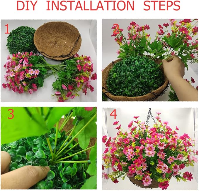 Artificial Faux Hanging Plants Flowers Basket for Summer Autumn, Colorful Daisy Flowers Eucalyptus UV Resistant Look Real for Outdoor Outside Porch Decoration