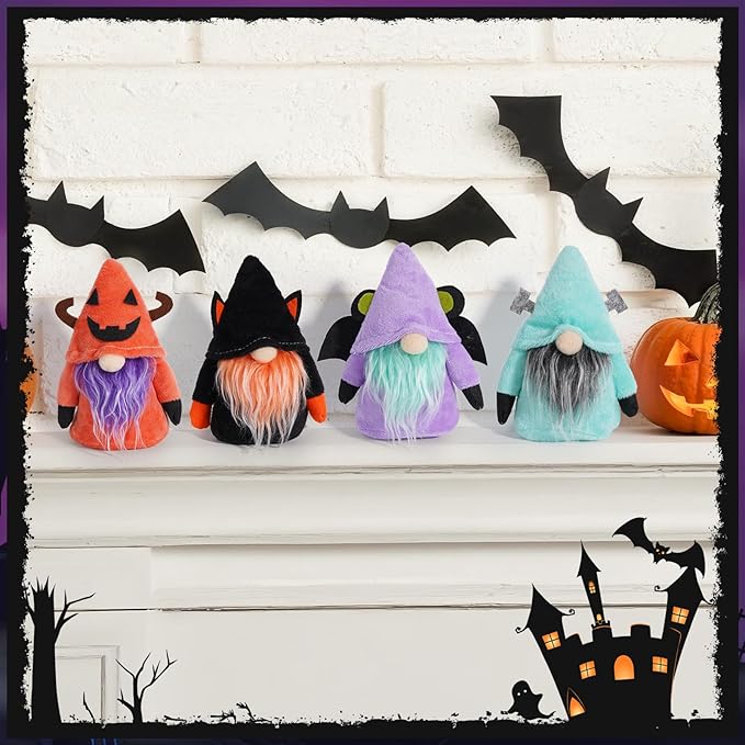 Halloween Gnomes Plush Set of 4, 6.2"x3.8" Soft Scandinavian Tomte Witch Gnome Decorations with Weighted Sand Bottom, Spooky Tiered Tray & Shelf Sitter Plush for Halloween Party Home Decor