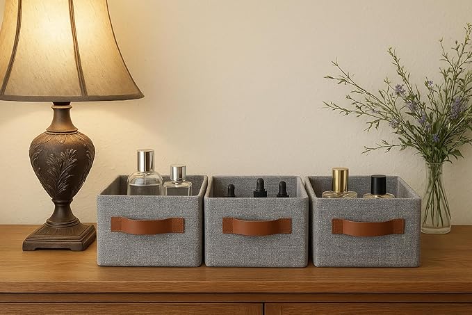 GRANNY SAYS Small Fabric Storage Bins with PU Handles, Storage Baskets for Shelves, Perfume Storage, Narrow Baskets for Organizing DVD, Photos, Aromatherapy, Scarf, Diaper, Cd, 3-Pack, Gray