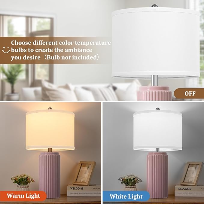 23.5’’ Modern Pink Table Lamps Set of 2 for Living Room, Ceramic Bedside Lamps with White Linen Shade for Girls Room, Rustic Nightstand Lamps for Bedroom Home Office, Cute Lamps for End Table Dorm