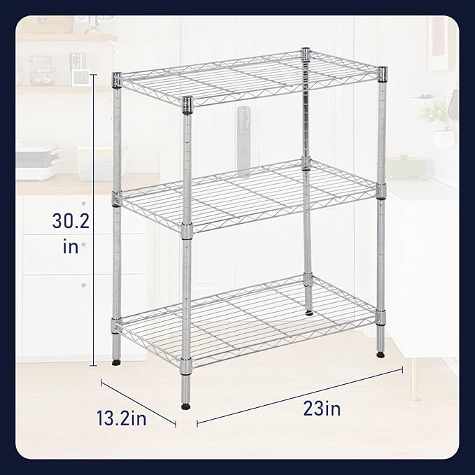 PayLessHere | 3-Tier Wire Shelf | 23"x13"x30" | Chrome | Adjustable Racks | Heavy-Duty Storage Shelves, Holds Upto 450 lbs | Rust-Resistant, No-Tool Assembly | for Home, Garage Shelving