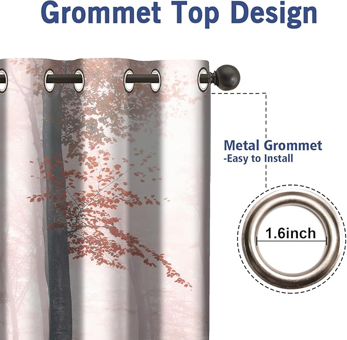 Jekeno Fall Tree Forest Blackout Curtains Autumn Tree Orange Leaves Foggy Forest Fall Nature Scenery Wood Room Decor for Bedroom Living Room Grommet Window Drapes 2 Panel Set, 52"x63"