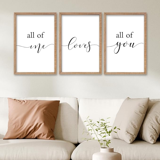 SRSZHIYUE Romantic Love Quote All of Me Loves All of You Sign Wall Decor 16"×11" Set of 3 Framed Wooden Plaque for Couples Master Bedroom Above Over Bed Love Rustic Farmhouse Wall Hanging Art (Wood)