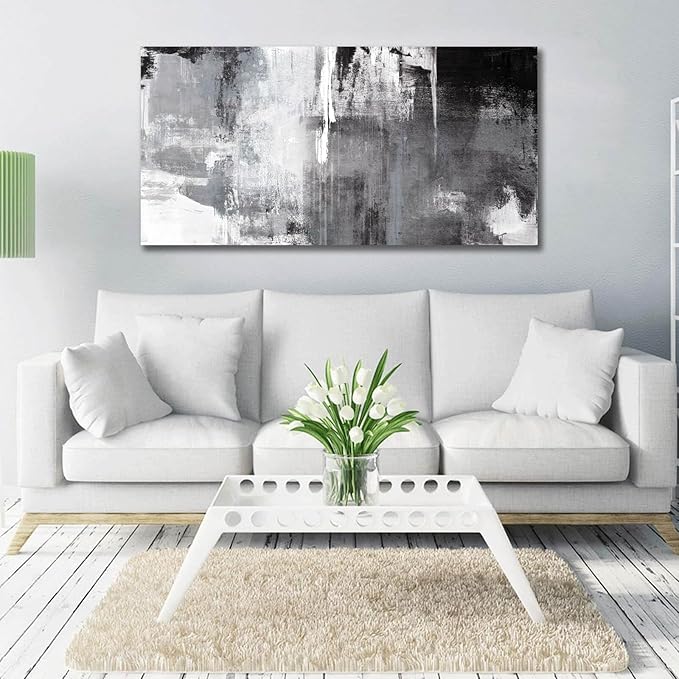 Kureful Black Abstract Wall Art Decor Grunge Room Decor Art Grey Canvas Wall Decoration 20" x 40" Painting Black And White Artwork for Bedroom Home Office Dining Room Decoration
