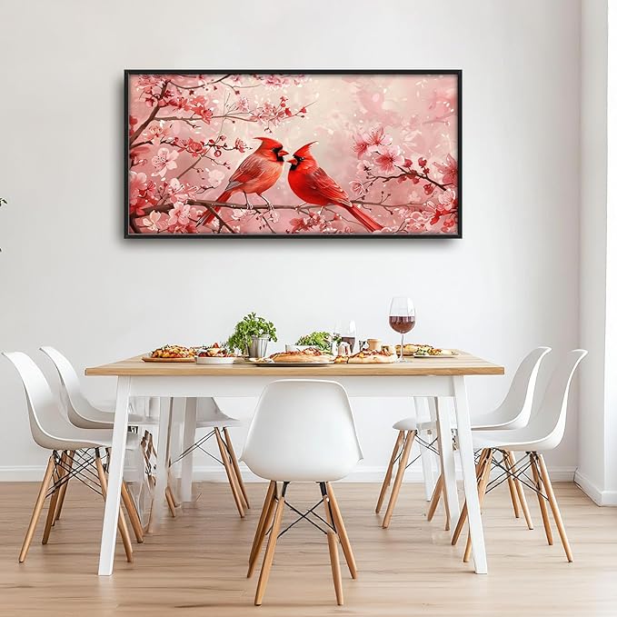 Flintis Large Cardinals Wall Art Red Cardinals Pictures Wall Decor Abstract Animal Canvas Painting Print Artwork Decoration Framed for Living Room Bathroom Master Bedroom Office Dining 60L x 30W