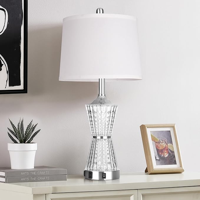 26" Modern Table Lamps, Set of 2 Table Lamp Night Light with 2 USB Charging Ports & AC Outlet, Bedside Nightstand Lamp White Shade for Living Room Bedroom Home Decor Silver(LED Bulbs Included)