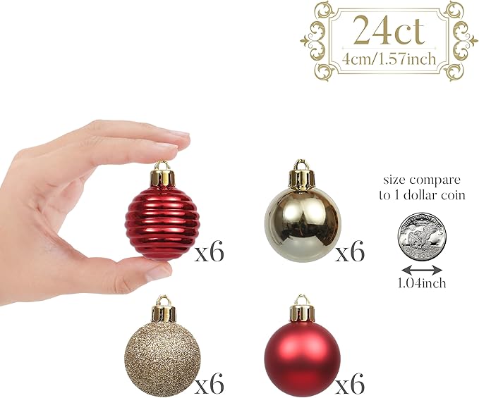 Valery Madelyn 1.57 Inches Small Christmas Tree Decorations Ornament Set for 4th of July Fall Halloween, 24ct Red and Gold Shatterproof Hanging Ball Ornaments Holiday Party Decor