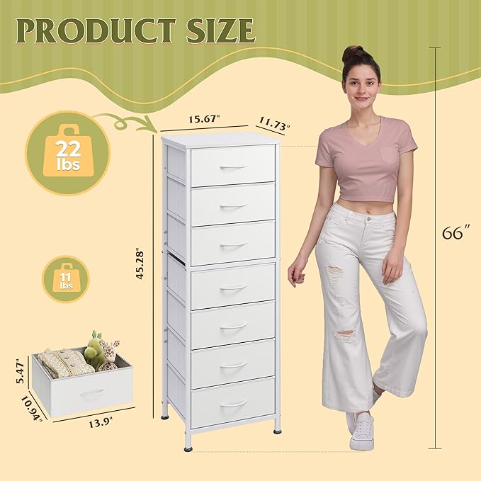 WLIVE White Tall Dresser for Bedroom, 7 Drawer Dressers & Chests of Drawers, Fabric Dresser for Closet, Living Room, Night Stand with Metal Frame, Storage Tower with Fabric Bins, Wood Top