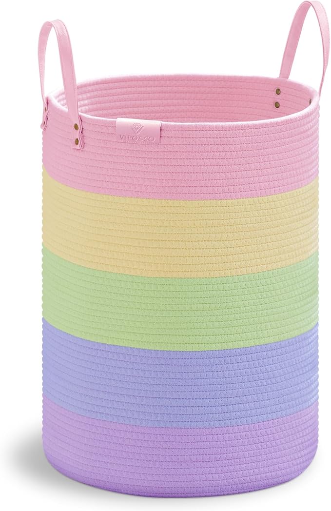 VIPOSCO Tall Laundry Basket, Large Dirty Clothes Hamper with Leather Handle, Woven Rope Storage Basket for Blanket, Toy In Living Room, Bathroom, Bedroom - 72L Rainbow