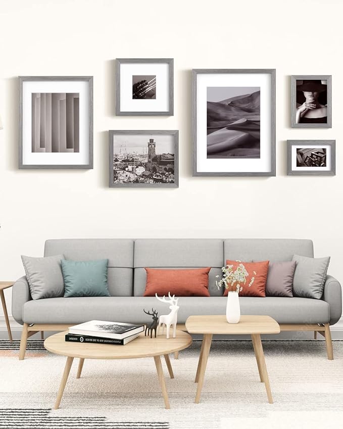 Egofine 12x16 Picture Frames Set of 4, Made of Solid Wood Covered by Plexiglass 9x12 and 11x14 with Mat or 12x16 without Mat, for Wall Mounting Photo Frame Light Grey