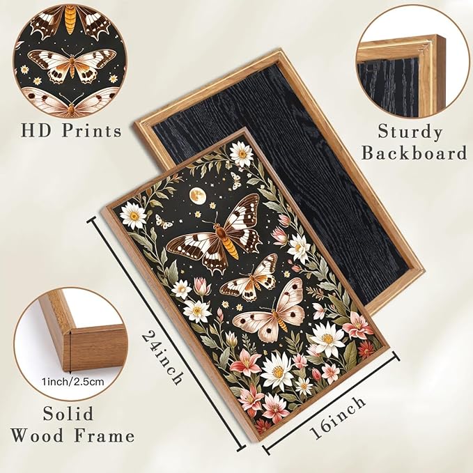 ANHUIB William Morris Wall Art 16x24 Inch Vintage Floral Wall Decor Framed Butterfly Dragonfly Prints Nature Botanical Animal Artwork Set of 3 for Living Room Bedroom Office