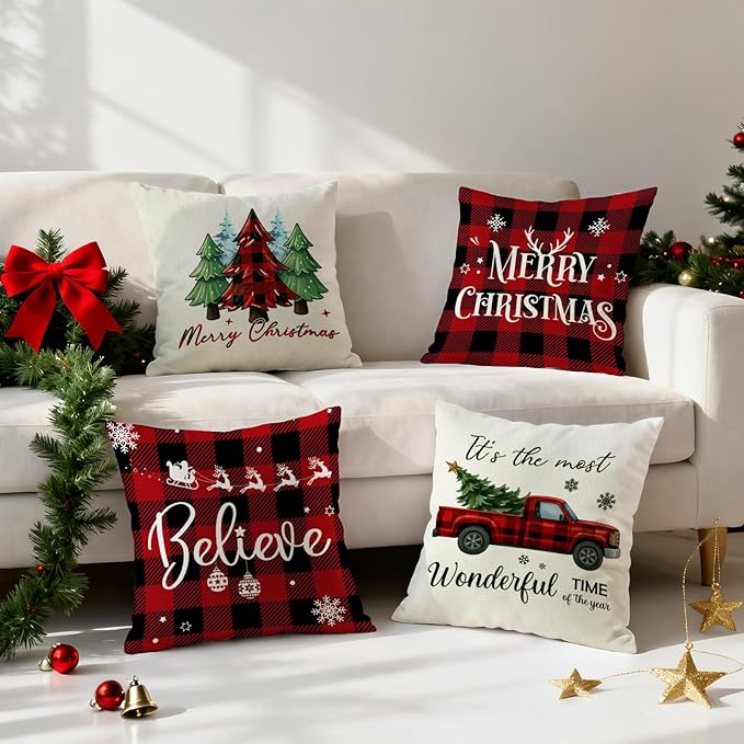 Christmas Pillow Covers 18x18 inch Set of 4, Holiday Winter Outdoor Red Plaid Vintage Tree Snowflake Xmas White Farmhouse Burgundy Seasonal Burlap Decorations for Sofa Couch
