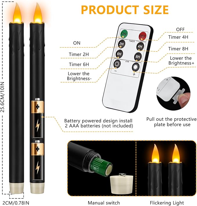 24 Pcs Black Flameless Taper Candles with Remote, 10" Black Battery Operated Led Candlesticks with Flickering 3D Flame, Fake Taper Candles for Halloween Anniversaries Dinner Home Décor