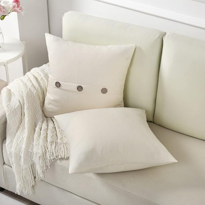 HAUSSY Cream White Linen Decorative Throw Pillow Covers 14x14 Inch Set of 2,Square Cushion Case with 3 Vintage Buttons,Modern Farmhouse Home Decor for Couch,Bed