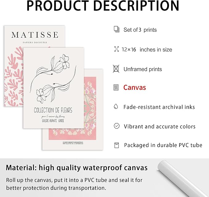 WRFON Unframed Pink Matisse Abstract Botanical Canvas Wall Art, Picasso Black Line Floral Poster Prints, Pink Flower Market Modern Elegant Aesthetic Pictures for Living Room Bedroom 12"x16"x3