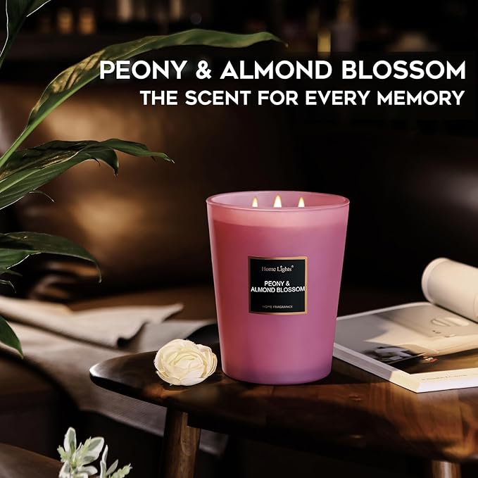 HomeLights Premium Scented Candles - 33.3 oz Natural Soy Wax, Aromatherapy for Home, Long Lasting Smokeless, 130 hrs Burn Time, 3 Cotton Wicks, Gifts for Women & Men - Peony & Almond Blossom