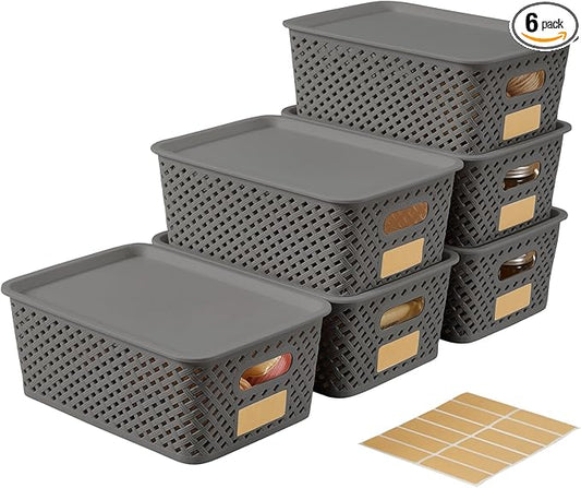 Small Plastic Twill Woven Storage Baskets with Lids, Stackable Organizing Containers with Labels for Pantry Closet Office, 6-Pack,10.35"x7.3"x4.09", Gray
