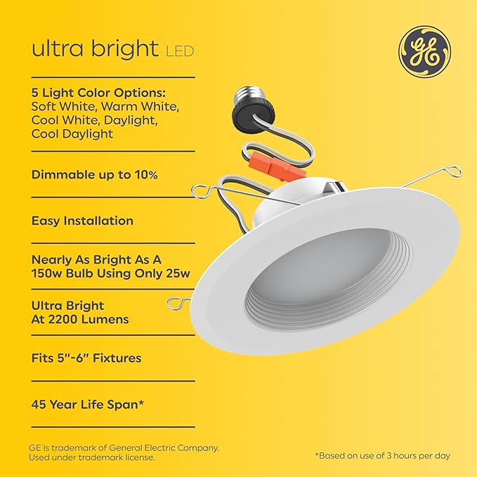 GE Ultra Bright LED Recessed Downlight Fixture, RS6 Indoor Floodlight, 6-Inch, Multiple Color Temperatures, 150 Watt Replacement (4 Pack)