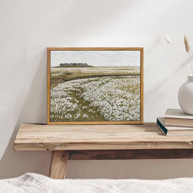 KBKBART Framed Vintage Wall Art Prints, Retro Countryside Flower Field Nature Wilderness Canvas Painting Farmhouse Decor, Rustic Landscape Wall Art Decor for Bathroom, Bedroom Living Room,