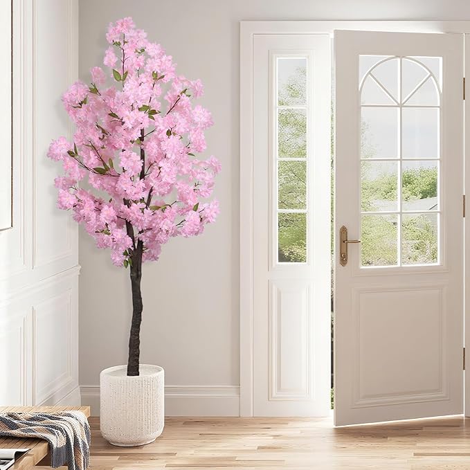 Artificial Pink Cherry Blossom Tree 5.5ft(67in) Tall Fake Silk Leaves Indoor Decor Handmade Lifelike Sakura Tree for Wedding Realistic Cherry Plant in Pot for Home Living Room,Office,Outdoor Decor