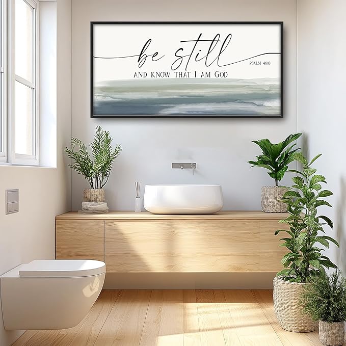 Flintis Large Christian Wall Art Be Still and Know That I Am God Sign Pictures Wall Decor Bible Verse Canvas Painting Print Artworks Framed for Living Room Bathroom Master Bedroom Office 60L x 30W