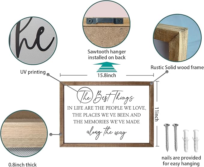 Comurdyo The Best Things in Life Sign 15.7''×11'' Framed Wood Memories Inspirational Quotes Wall Decor Vintage Farmhouse Wedding Gifts Sign Wall Art for family Home Bedroom (Wood)