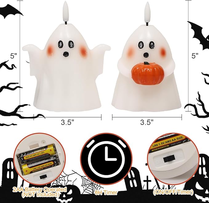 Eldnacele Halloween Ghost Flickering Flameless Candles with 6 Hour Timer, Battery Operated Tea Lights White Spooky Ghost Lights Wax Candles Indoor Fireplace Holiday Decorations Gifts(2Pcs, D3.5×H5)