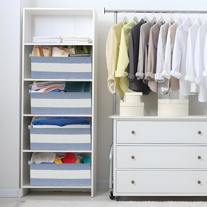 Linen Closet Organizers and Storage, Trapezoid Fabric Bins, Home Office Organization Baskets Striped Collapsible Box with Handles for Clothes, Blanket, Books, DVD, 4 Pack, Blue/White