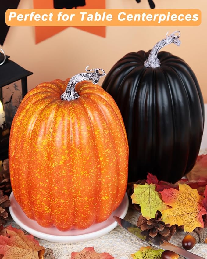 vensovo 2PCS 8 Inch Plastic Pumpkins for Decorating - Black & Orange Large Artificial Foam Pumpkins for Fall Decor, Halloween, Thanksgiving, Paintable for DIY Crafts & Centerpieces