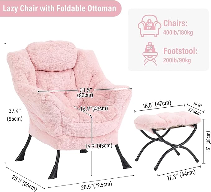 Lazy Chair with Ottoman, Modern Chair with Folding Footrest, Lounge Accent Chair, Comfortable Reading Chair, Oversized Armchairs for Bedroom, Study, Living Room(Plush Pink)