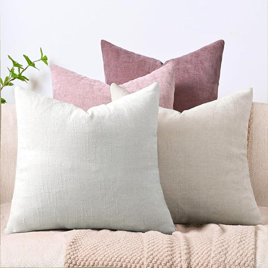 Set of 4 Soft Textured Decorative Throw Pillow Covers 22x22 Inch Cozy Farmhouse Cushion Cover Square Accent Pillow Cases for Bed Couch Sofa Living Room, White Beige Pink