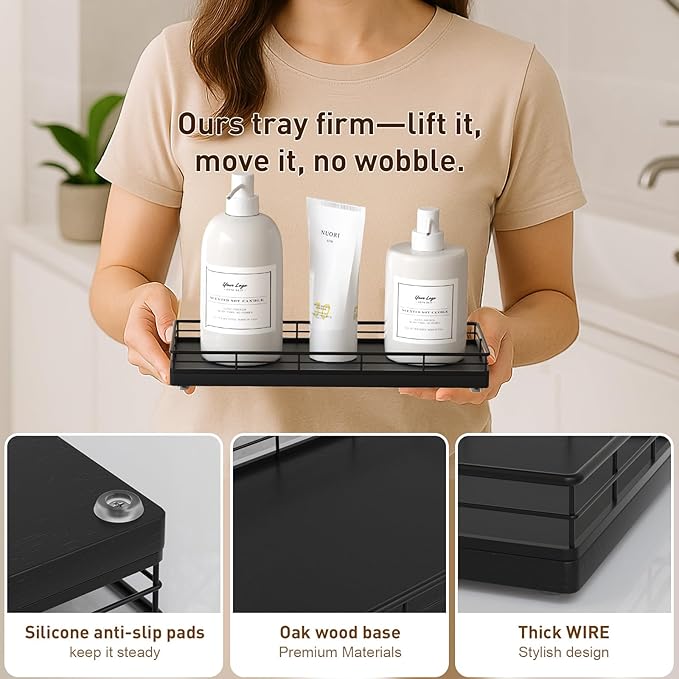 Bathroom Tray for Counter Top Organizer – Oak Wood Vanity Tray with Metal Frame for Dresser, Kitchen, Nightstand – Black Decorative Storage