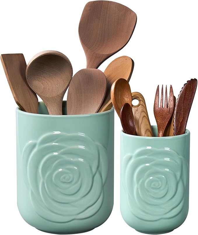 Light Green Ceramic Utensil Holder Set of 2 - Rose Carved Design, Kitchen Countertop Utensil Organizer for Spatula, Spoon & Cooking Tools, Large (7.5") & Small (5.5"), Farmhouse Kitchen Counter Decor