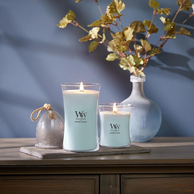 WoodWick Large Hourglass Candle Sagewood/Seagrass - Premium Soy Blend Wax Pluswick Innovation Wood Wick Made in USA