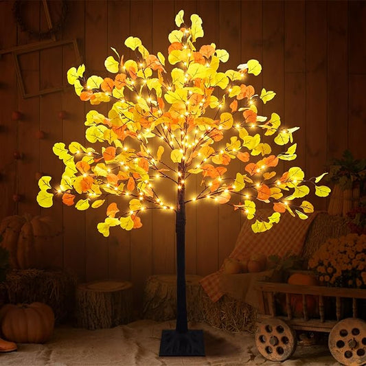 4 FT Prelit Fall Lighted Ginkgo Tree with 140 LEDs Timer Fall Tree with Lights & 8 Flashing Modes Autumn Decoration for Home Wedding Indoor Outdoor Thanksgiving Halloween Christmas Decor