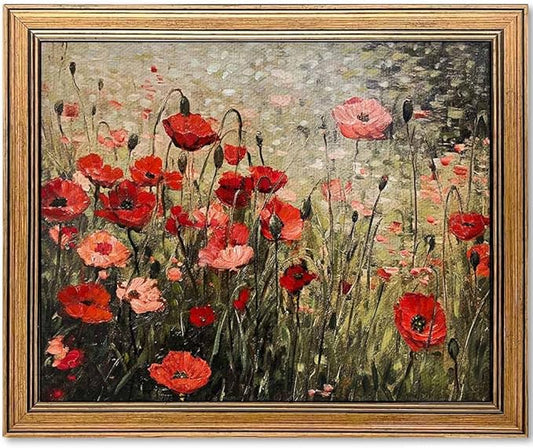 Vintage Wall Art Red Flower Painting, Framed Wall Art, Farmhouse Bedroom Kitchen Wall Art Decor (Flowers, 16L x 12W)