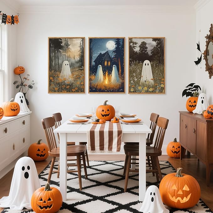 CHDITB Spooky Ghost Framed Canvas Wall Art Set, Halloween Party Gothic Wall Decor, Moonlit Cabin Art Cute Ghost Wall Painting, Vintage Country Landscape Art Prints for Living Room Bedroom 16"x24"x3