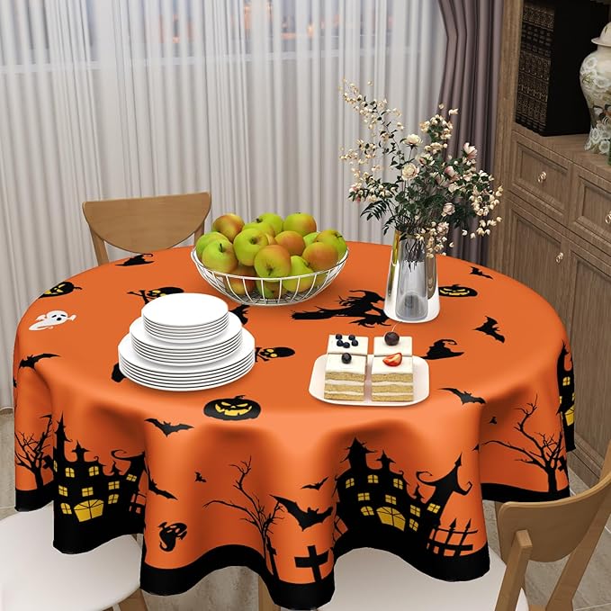 Kawani Halloween Tablecloth Round 60 Inch Orange Table Cloths Halloween Bat Castle Decorative Table Cover Durable Table Cloth Round Cover for Kitchen Dining Room Holiday Tablecloth for Dinner Party