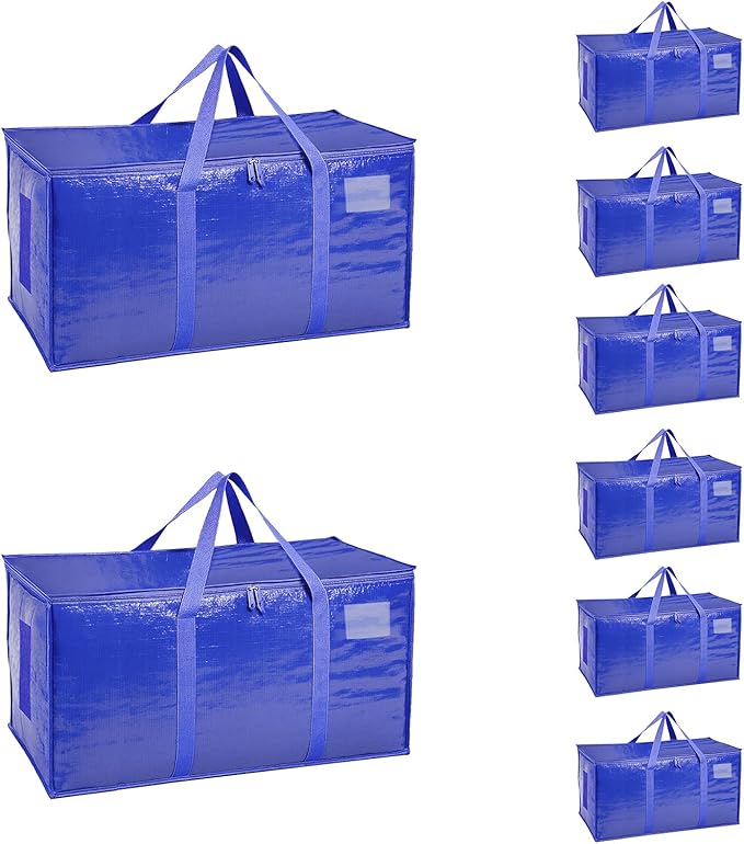 8 Pack-Extra Large Heavy Duty Moving Bags - Waterproof Storage Totes with Handles & Zippers, Foldable for College Dorm, Storage (Blue)