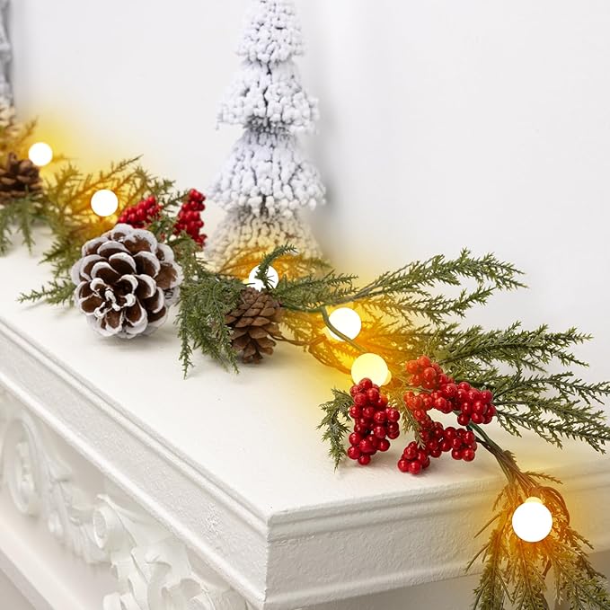Christmas Garland with Lights, 6FT Artificial Red Berry Xmas Garland and Pine Cones, Battery Operated for Mantle, Front Door, Stairs Railing, Home Holiday, Indoor, Outdoor Decoration